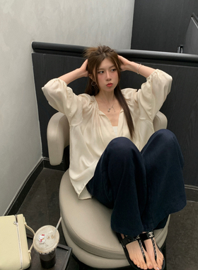 superniniyy 盛夏纵享丝滑jue美自带光泽铜氨丝绑带宽松长袖衬衫