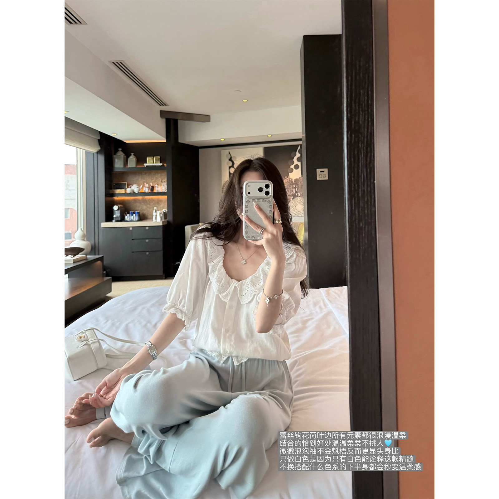 '甜心攻略'75%天丝25%亚麻蕾丝钩花温柔泡泡袖中袖荷叶边衬衫上衣
