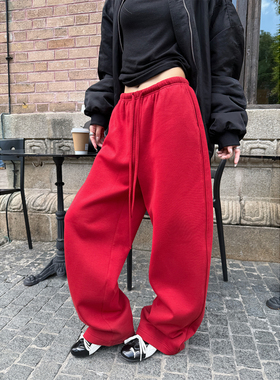 superniniyy Simple 重工加绒极简感好裤型抽绳弯刀卫裤长裤女冬