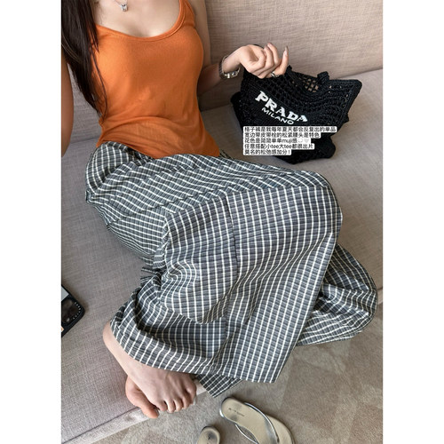'海盐苏打格子裤'全棉加阔设计松弛感宽松松紧腰格子阔腿裤长裤夏
