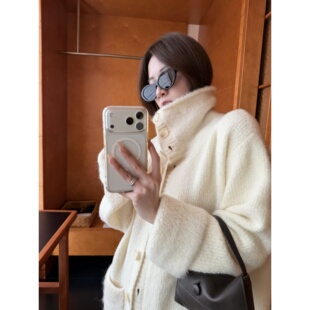 高品高含量绵羊毛羊驼毛混纺翻领针织开衫单排扣中长款毛衣外套女