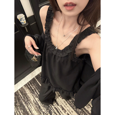 superniniyy 半糖 夏季亚麻木耳花边抽皱吊带背心纯欲显瘦上衣女