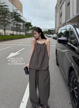 superniniyy 私服亚麻套装可调节领口吊带大长腿裤百搭两件套女夏