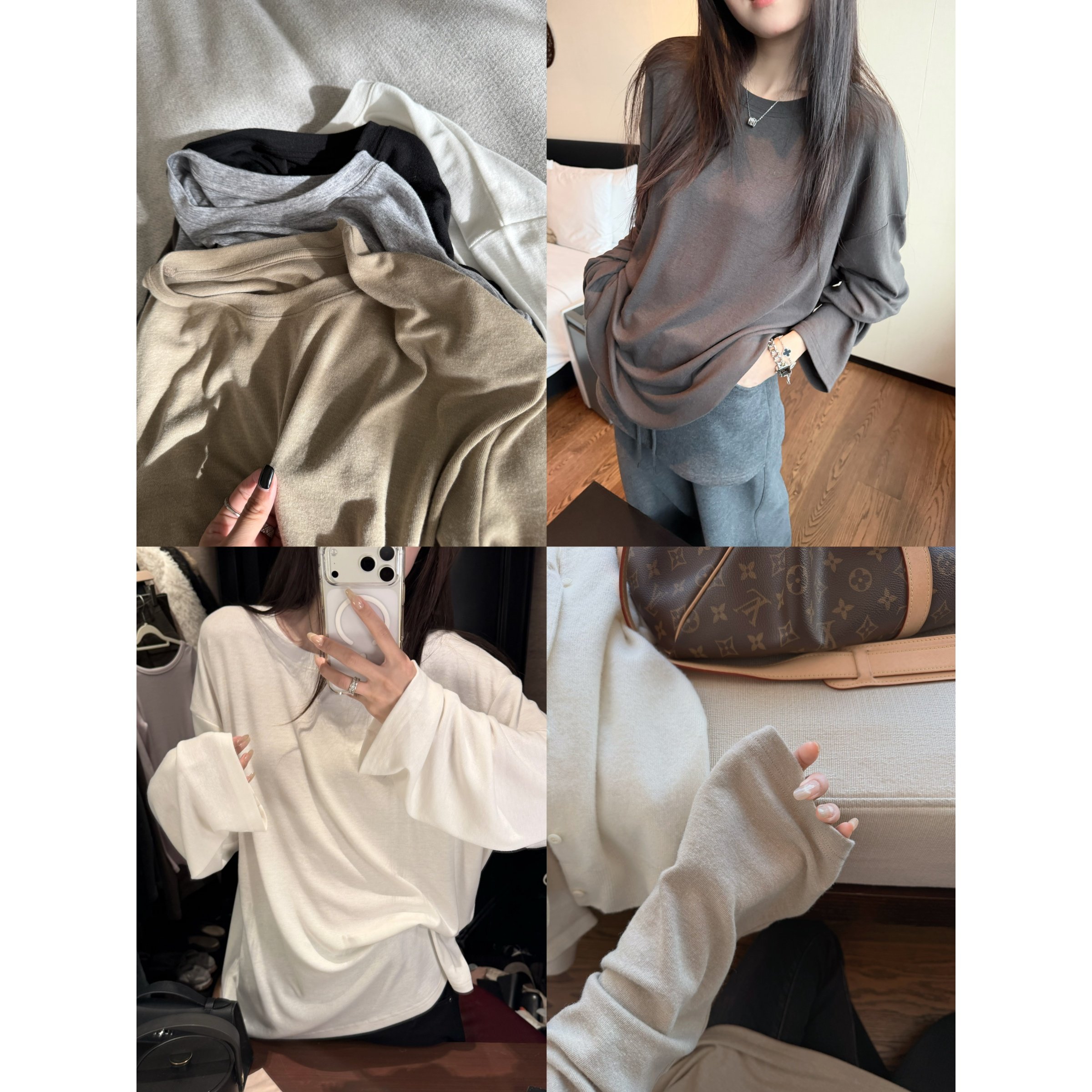 'wan能大tee'人在衣中晃松弛感软糯宽松百搭长袖圆领套头叠穿T恤