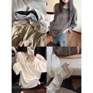 'wan能大tee'人在衣中晃松弛感软糯宽松百搭长袖圆领套头叠穿T恤