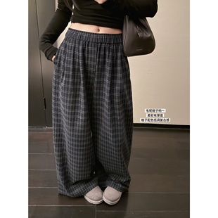 长裤 软糯重工加厚宽松毛呢阔腿裤 复古蓝灰格子裤 女冬 蓝调时刻