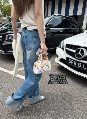 superniniyy  中古私服&全棉复古翻边重工水洗盐系蓝色牛仔裤长裤