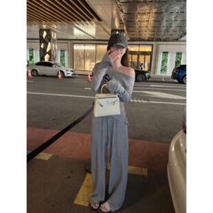 superniniyy 纸片人清冷感显瘦坑条露肩套装长袖针织衫宽松阔腿裤