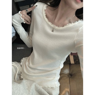 superniniyy 上衣 白茶&高品质秋冬加厚加密木耳花边微笑领打底衫