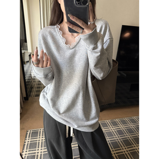 superniniyy 蕾丝花边拼接V领百搭休闲宽松套头长袖卫衣上衣女