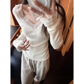 上衣 superniniyy 奶油蕾丝&33羊毛蕾丝V领套头针织衫 售完无补清