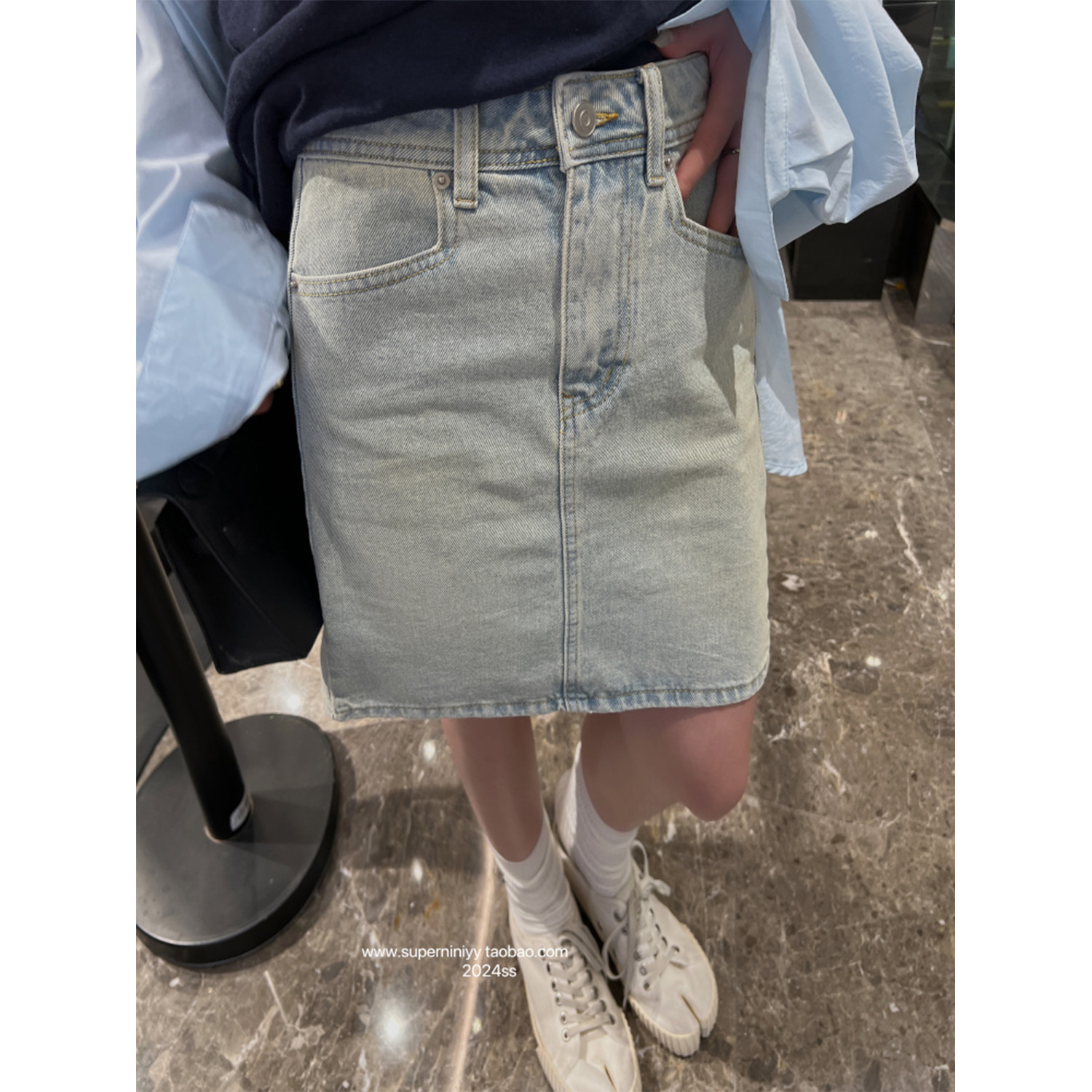 superniniyy miu系时髦感浅蓝色水洗牛仔裙高腰半身裙宽松中裙女