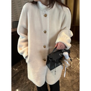 superniniyy 复古精致金扣公主袖100%幼崽绵羊毛中长款皮草外套女