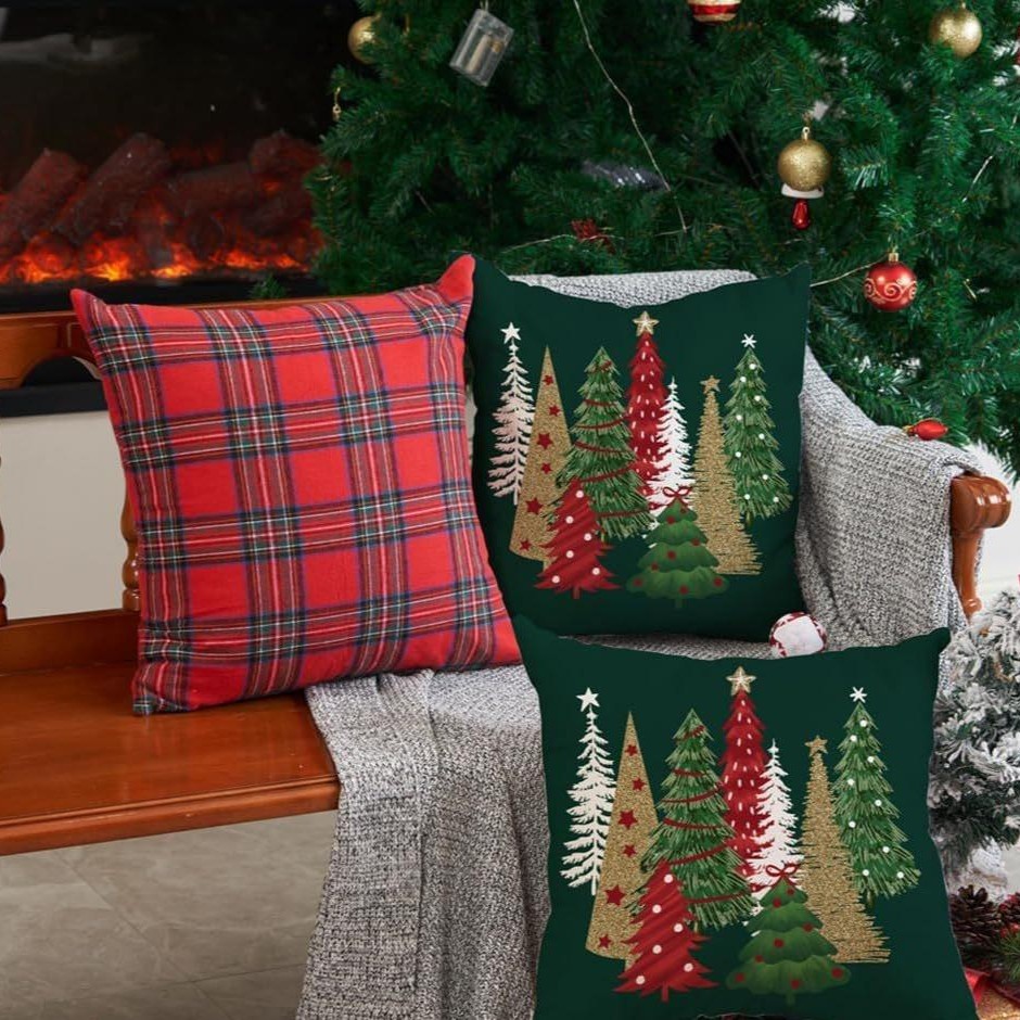 畅销爆款圣诞节红格子圣诞树抱枕套家居沙发氛围卧室靠垫套