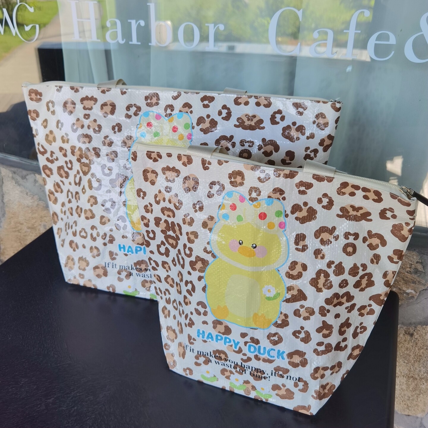 超可爱豹纹小黄鸭防水编织环保袋超市购物袋手提袋拉链托特单肩包