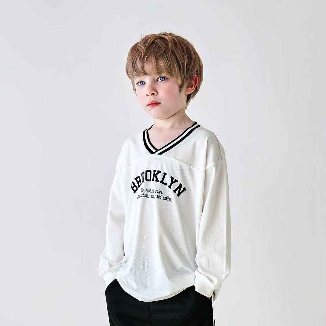 韩国童装男童白色长袖T恤 薄款纯棉印花 儿童薄款百搭打底衫E3