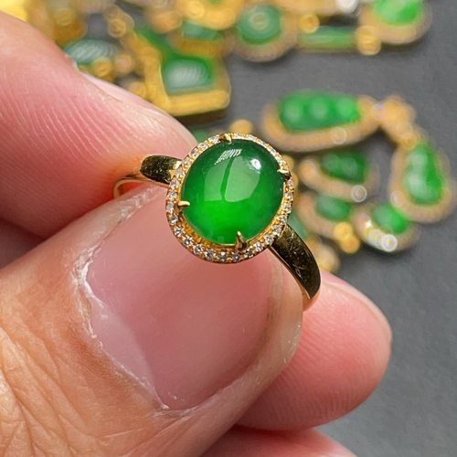 天然翡翠A货18K金-2880蛋面满绿戒指K黄镶嵌钻石珠宝玉石阳绿