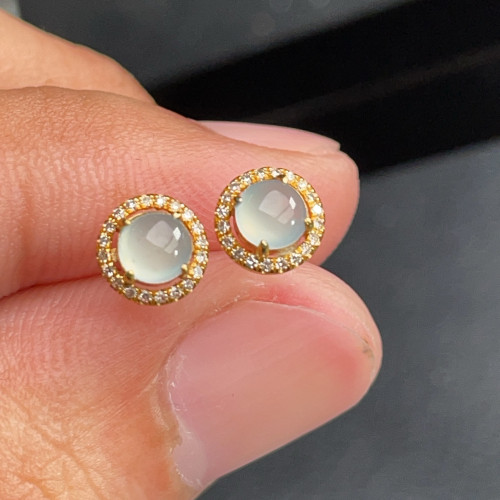 18K金天然翡翠A货-1580蛋面高冰耳钉耳饰K黄镶嵌钻石珠宝玉石精致