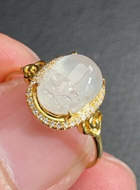18K金天然翡翠A货-2180祥云高冰三脚蟾蜍戒指K黄镶嵌钻石珠宝玉石