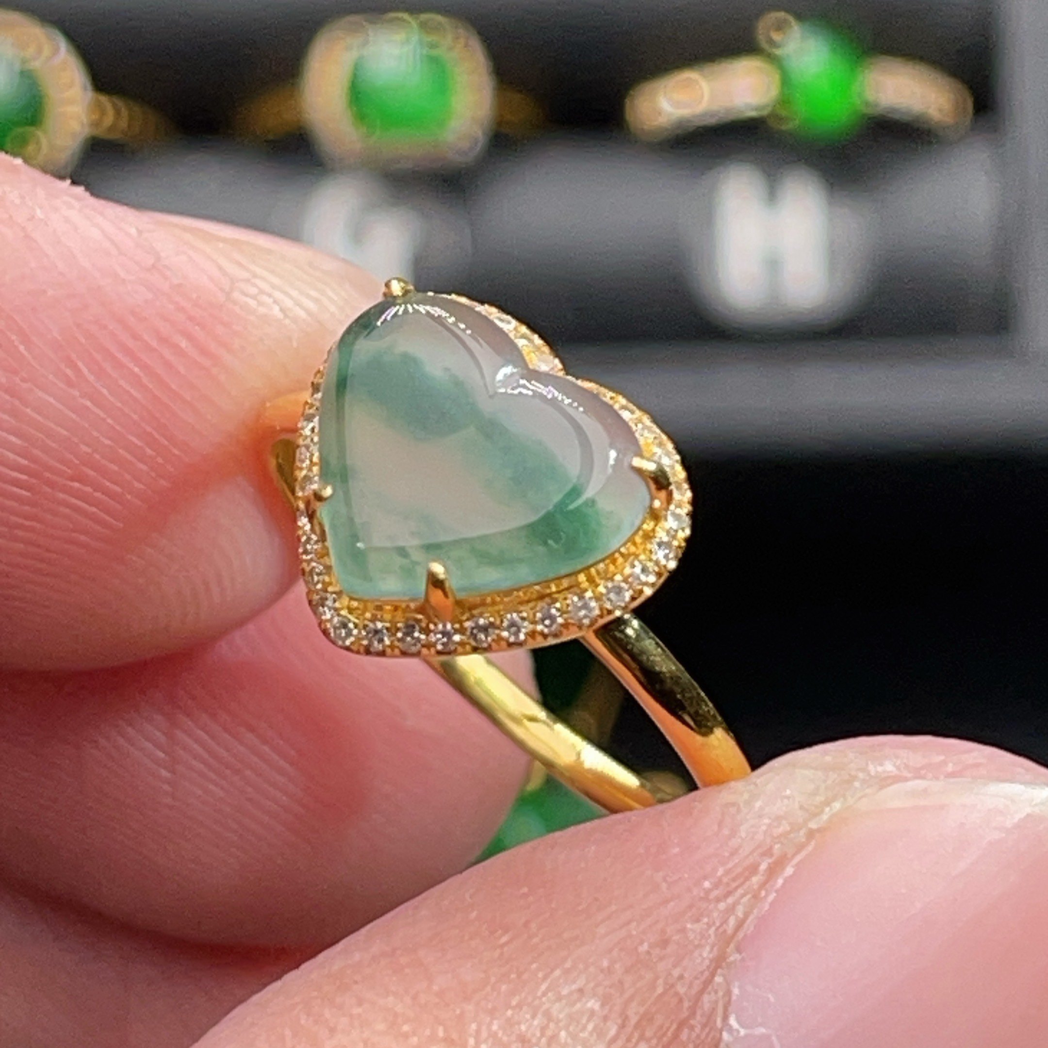 18K金天然翡翠A货-2080心形高冰戒指K黄镶嵌钻石珠宝玉石简约飘花,珠宝/钻石/翡翠,戒指/指环,淘宝优惠券,粉丝福利购,淘宝优惠卷