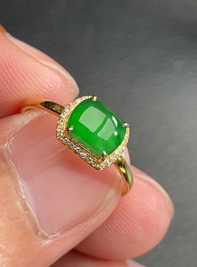 18K金天然翡翠A货-1880马鞍满绿戒指K黄镶嵌钻石珠宝玉石阳绿