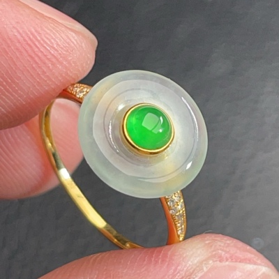 天然翡翠A货18K金-2280平安扣戒指K黄镶嵌珠宝玉石钻石高冰简约