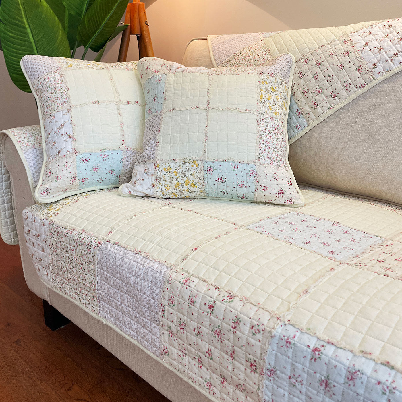 新品绗缝全棉拼布加厚防滑沙发垫子纯棉淡雅蓝色坐垫四季通用秋冬