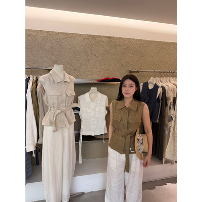 BLUEPOPS-26年夏上新全亚麻翻领气质收腰马甲(配腰带)a6283