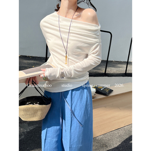 GRACETINA 式 斜肩褶皱简约大气通勤百搭慵懒打底长袖 T恤TB993 HOO