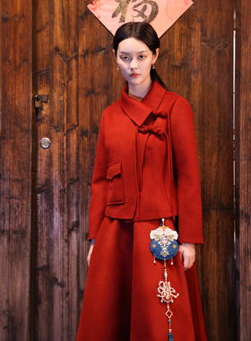 Z6LOVE定做朱樱新中式大红色全羊毛双面呢女拜年套装新娘订婚结婚