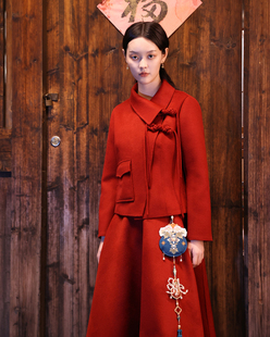 Z6LOVE定做朱樱新中式大红色全羊毛双面呢女拜年套装新娘订婚结婚