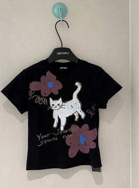 ins小众设计SKip Smile正确版撞色花朵小猫印花辣妹甜酷女孩T恤入
