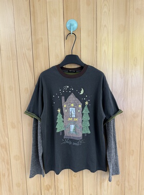 早春自己SKip Smile正确版圣诞书城堡印花甜酷假两件套针织棉 T恤