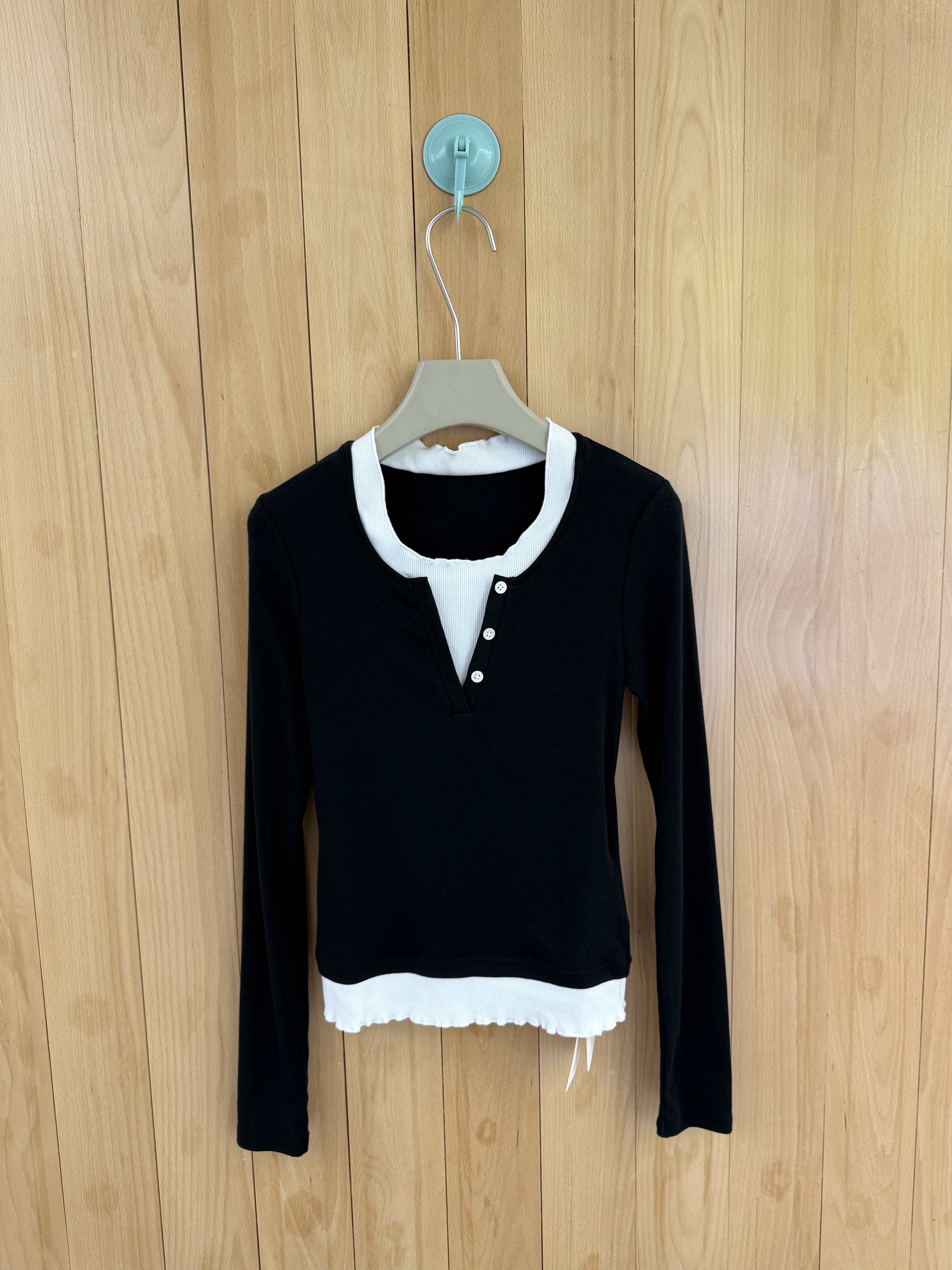 早秋新款SJJ南油设计师款时髦个性假两件套撞色花边领通勤针织T恤