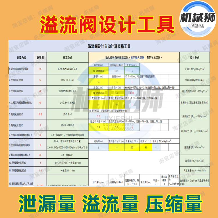 液压溢流阀设计计算工具溢流量弹簧压缩量参数计算自动结果