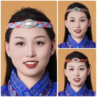 蒙古族舞蹈头饰女手工编织彩色民族风头带发带可调节发绳蒙古舞
