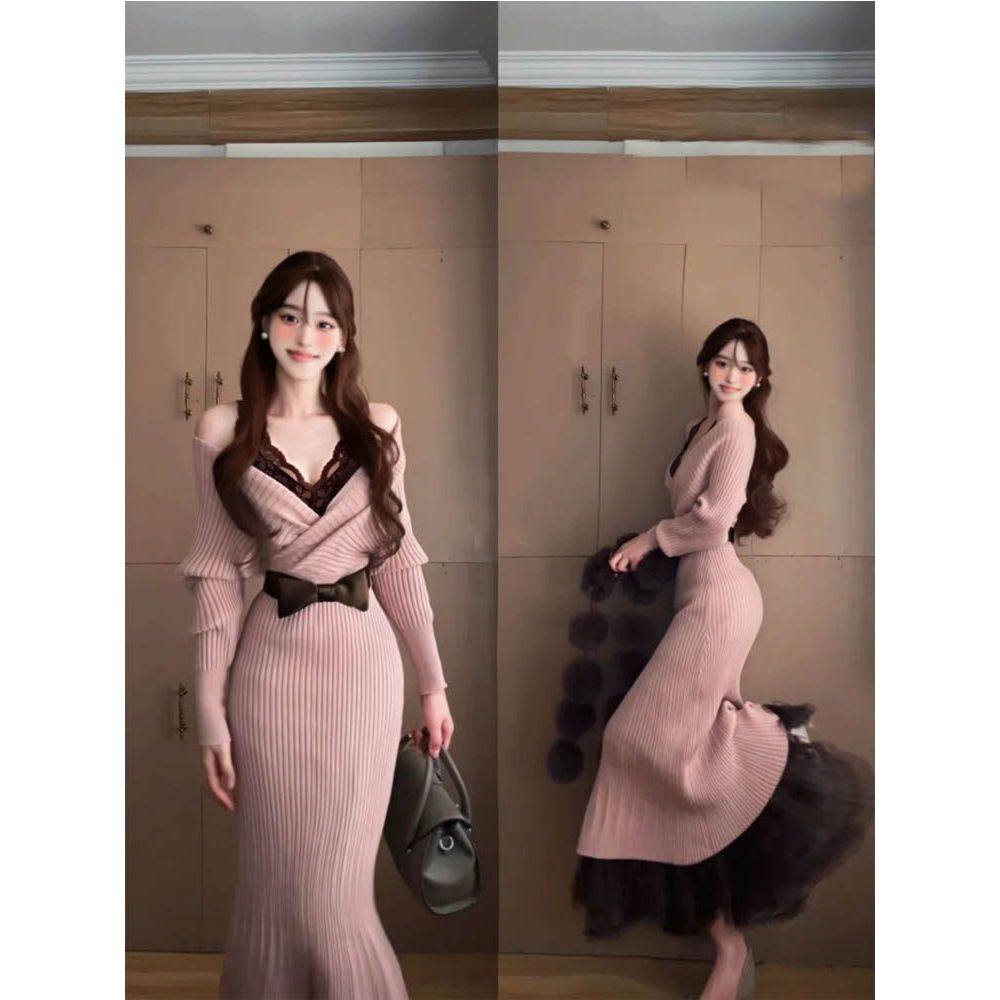 秋冬季法式气质御姐风粉色v领长裙鱼尾包臀裙+黑色蕾丝内搭两件套,女装/女士精品,时尚套装,淘宝优惠券,粉丝福利购,淘宝优惠卷