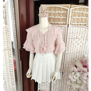 2019春夏新款 木耳雪纺衫 上衣衬衫 韩显瘦宫廷荷叶领超仙V领喇叭袖