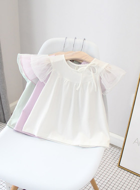 夏款  韩国童装纯棉纱纱袖纯色上衣女童短袖t恤 85228