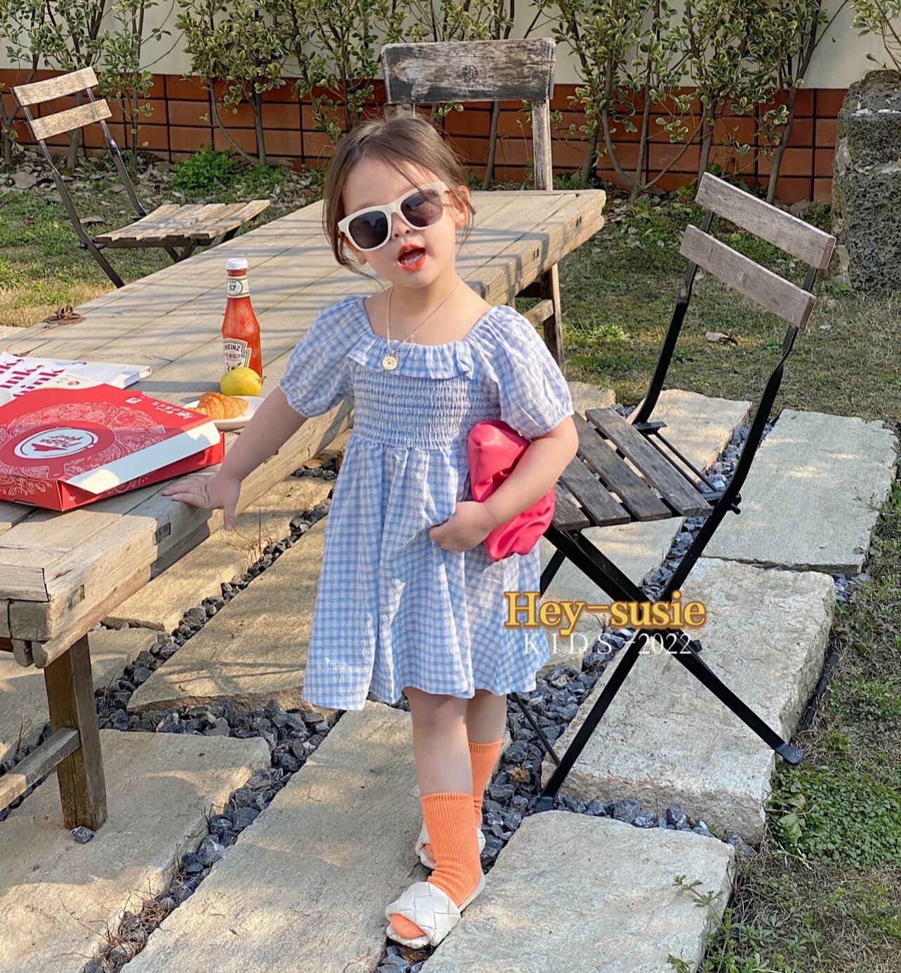 2022夏 韩版susie苏西纯棉儿童连衣裙女童短袖格子裙小童公主裙