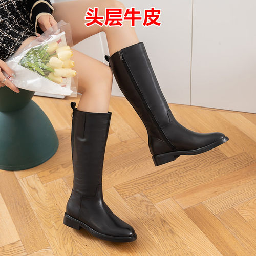 头层牛皮长筒靴侧拉链加绒高筒靴