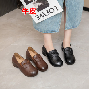英伦学院风jk小皮鞋 单鞋 MLL792 女2026春新款 真皮蝴蝶结粗跟乐福鞋