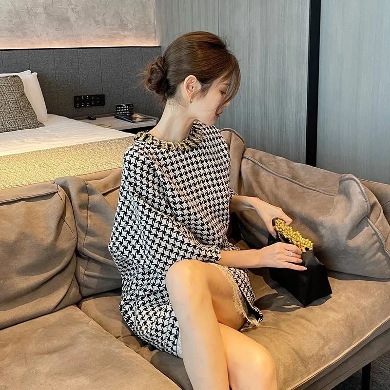 小香风千鸟格连衣裙女2025春中袖连衣裙女神范高级感气质蕾丝裙子