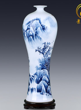 景德镇陶瓷花瓶半手绘青花瓷器中式客厅插花落地大摆件家居饰品