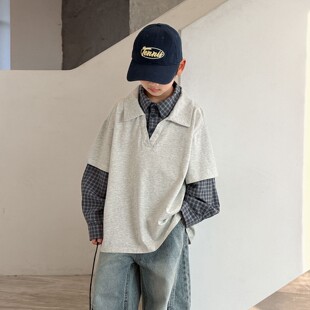 男童春秋卫衣2026新款痞帅中大童男孩春装薄款洋气假两件儿童上衣