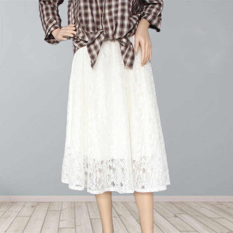春夏大码高腰蕾丝半身裙带内衬松紧腰长裙胖mm腰围120大下摆伞裙