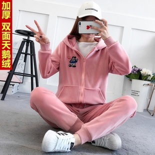 韩版秋冬加厚加绒卫衣套装女开衫外套金丝绒天鹅绒休闲运动服卡通