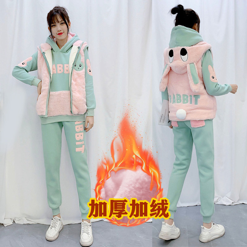 韩版新款秋冬加厚加绒卫衣套装女三件套加棉马甲甜美减龄卡通学生