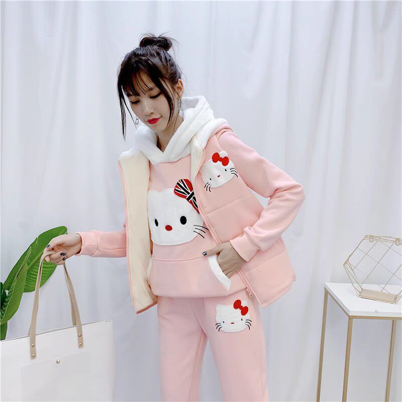 粉色卡通马甲童趣韩版秋冬季减龄三件套卫衣套装女装学生大童加厚
