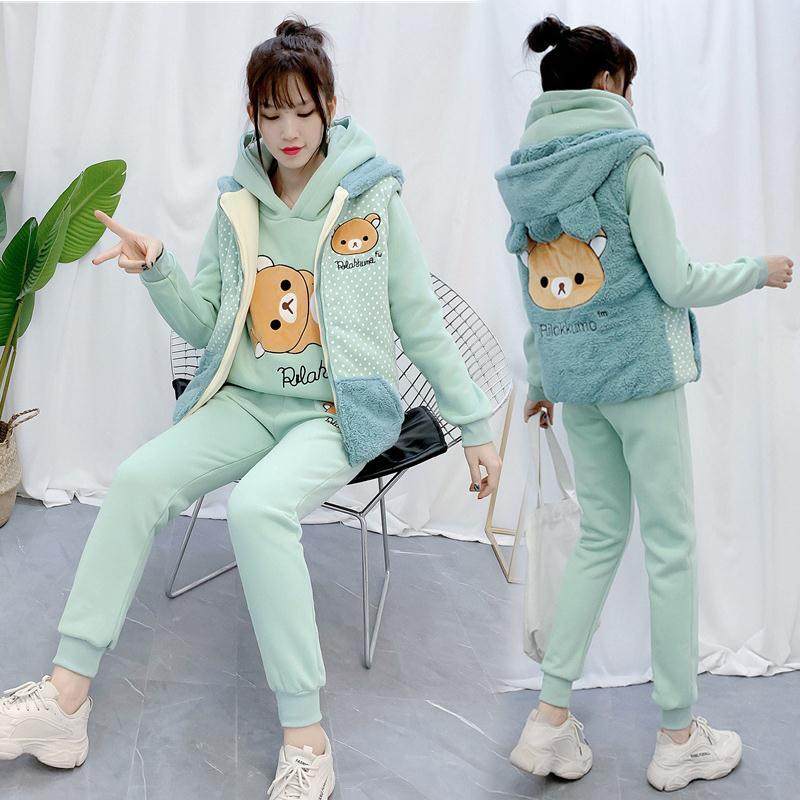 秋冬装加厚加绒三件套卫衣套装小熊拼接可爱减龄学生女装大童